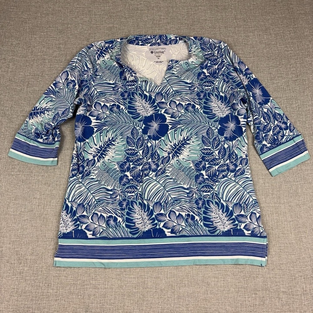 Coolibar St Lucia Tunic Top Womens XL Blue V-Neck 3/4 Sleeve UPF 50+ Floral